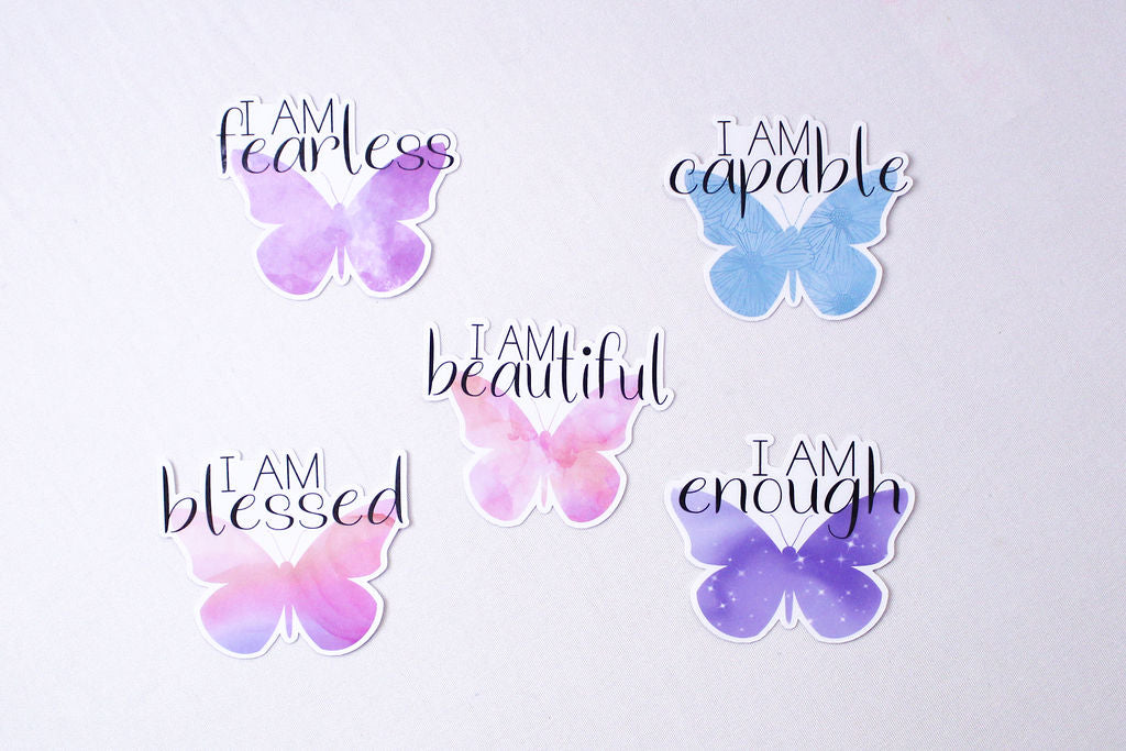 5-Pack, 3-Inch Affirmation, Butterfly Stickers - Water Resistant, Vinyl