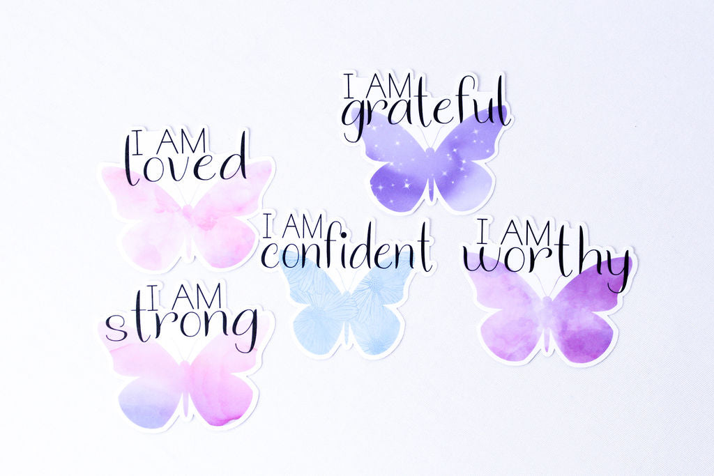 5-Pack, 3-Inch Affirmation, Butterfly Stickers v2 - Water Resistant, Vinyl