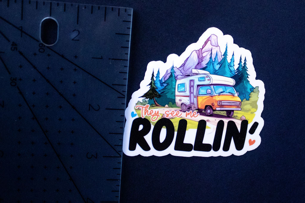 "They See Me Rollin'", 3-Inch Camping/Outdoors Stickers - Water Resistant, Vinyl