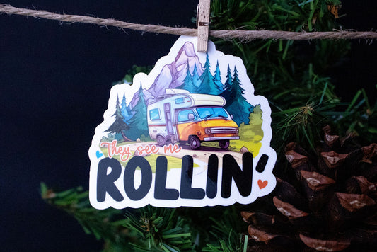 "They See Me Rollin'", 3-Inch Camping/Outdoors Stickers - Water Resistant, Vinyl