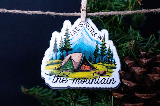 "Life Is Better In The Mountains", 3-Inch Camping/Outdoors Stickers - Water Resistant, Vinyl