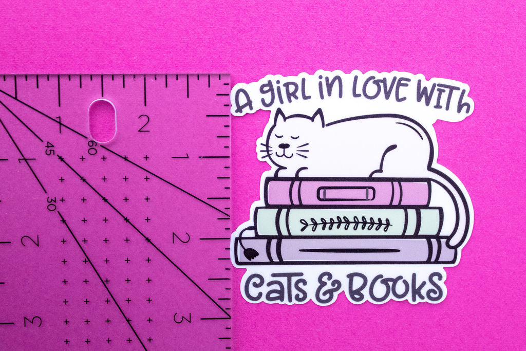 "A Girl In Love With Cats & Books", 3-Inch Book Lovers Stickers - Water Resistant, Vinyl