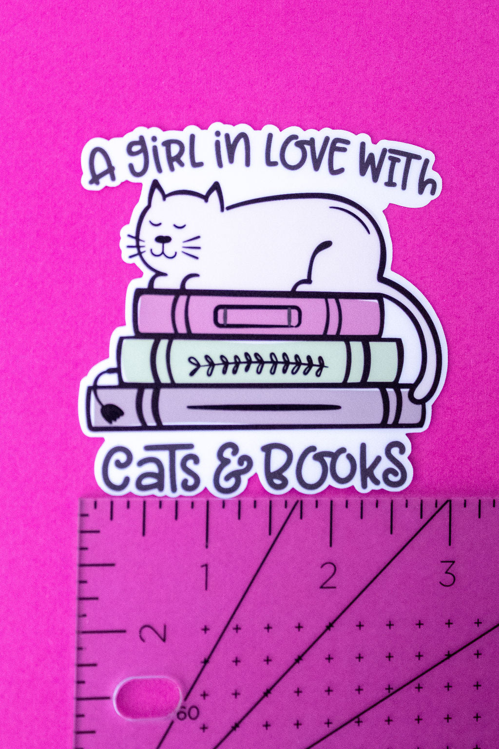 "A Girl In Love With Cats & Books", 3-Inch Book Lovers Stickers - Water Resistant, Vinyl