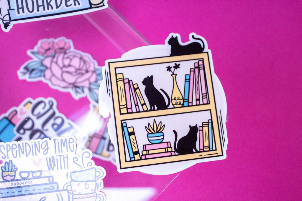 Cats on a Bookshelf, 3-Inch Book Lovers Stickers - Water Resistant, Vinyl