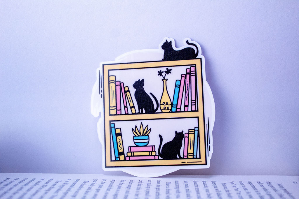 Cats on a Bookshelf, 3-Inch Book Lovers Stickers - Water Resistant, Vinyl