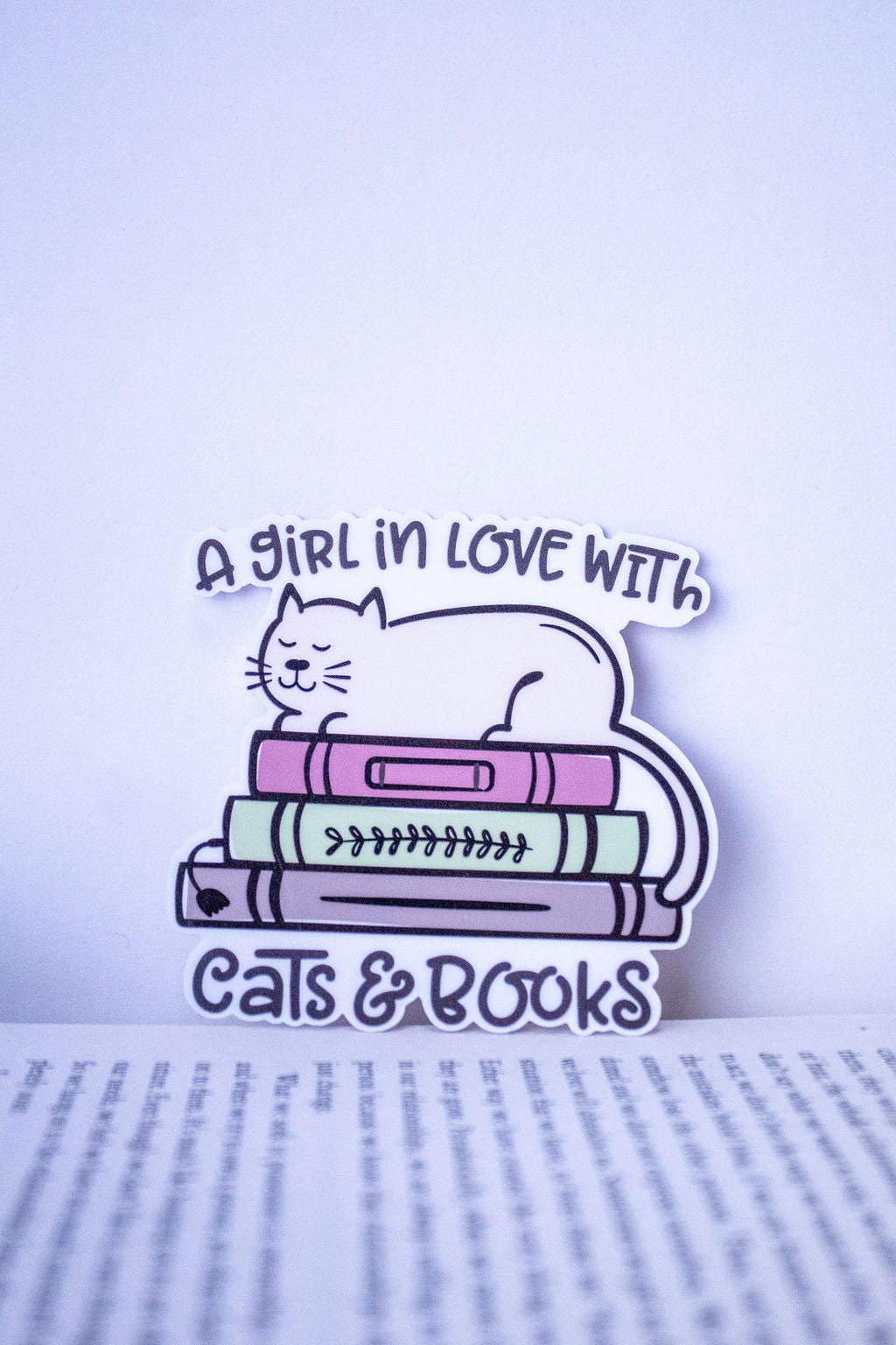 "A Girl In Love With Cats & Books", 3-Inch Book Lovers Stickers - Water Resistant, Vinyl