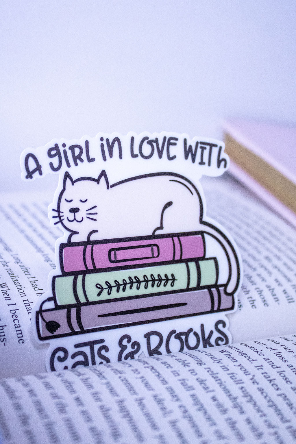 "A Girl In Love With Cats & Books", 3-Inch Book Lovers Stickers - Water Resistant, Vinyl