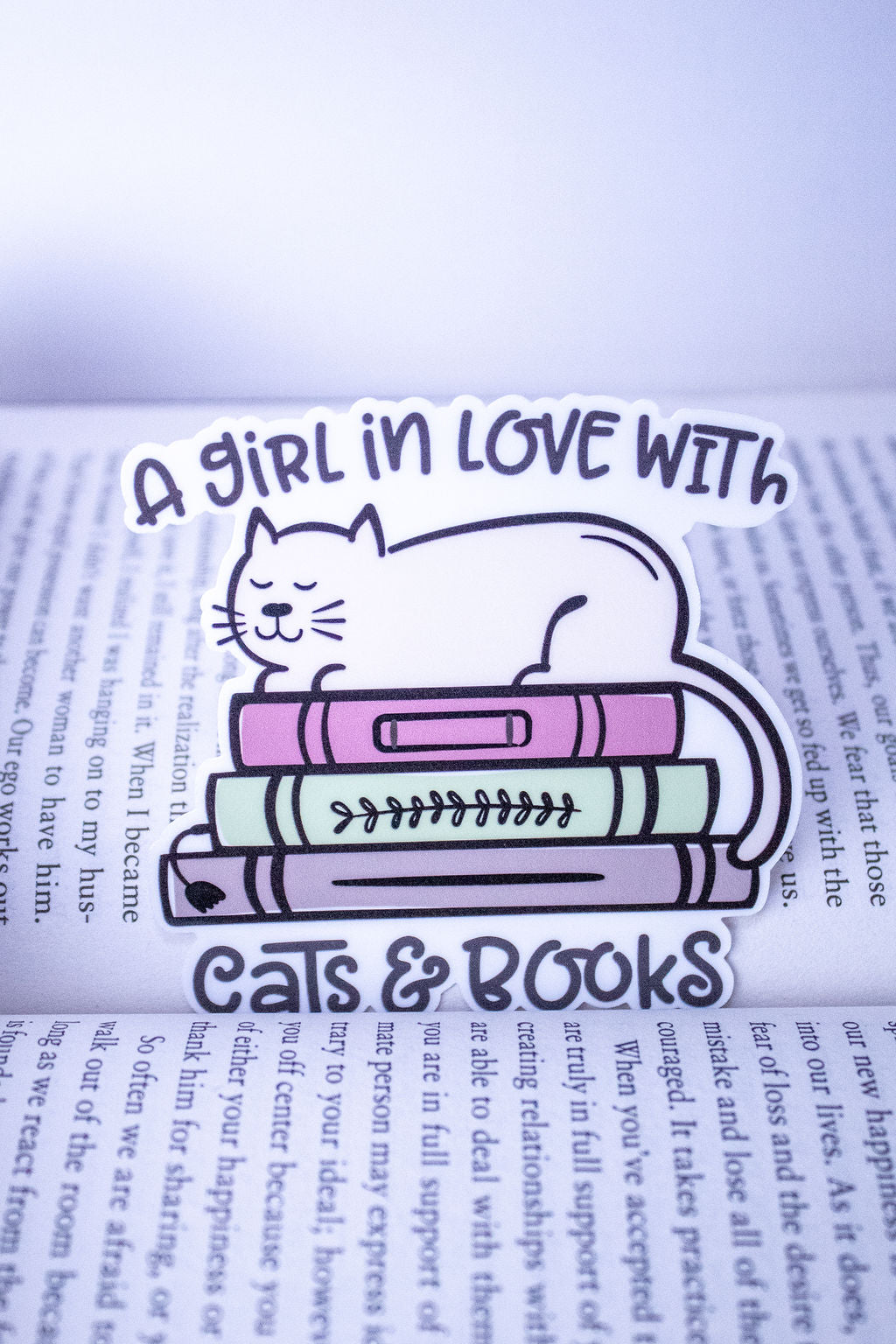 "A Girl In Love With Cats & Books", 3-Inch Book Lovers Stickers - Water Resistant, Vinyl