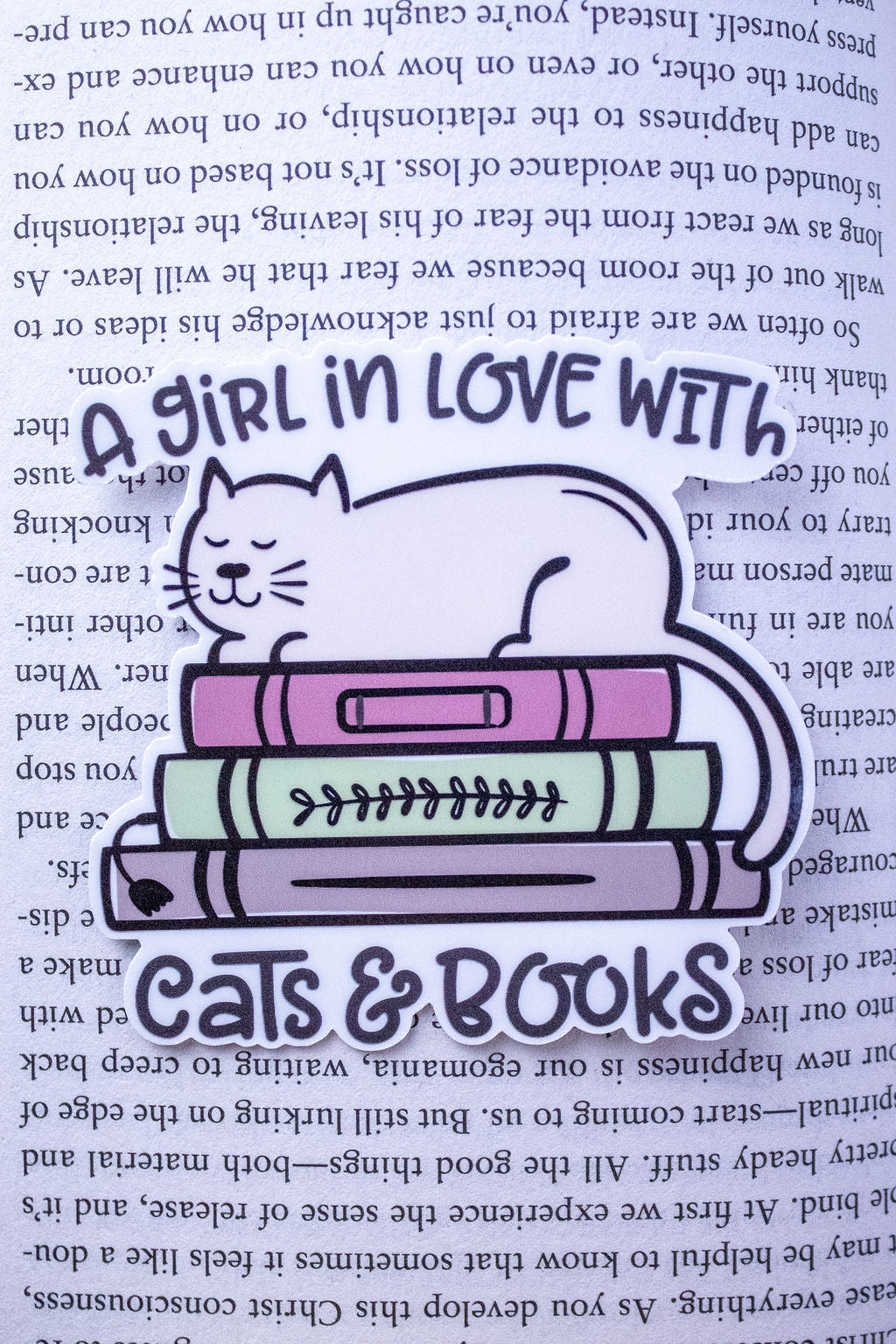 "A Girl In Love With Cats & Books", 3-Inch Book Lovers Stickers - Water Resistant, Vinyl